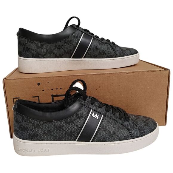 Michael Kors Juno Stripe Logo Print Lace Up Sneakers Black Grey 9.5 - Picture 1 of 7